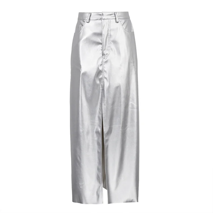 Ueong Ueong 2023 New Silver Slim Buttock Skirt Slit PU Leather Skirt Woman