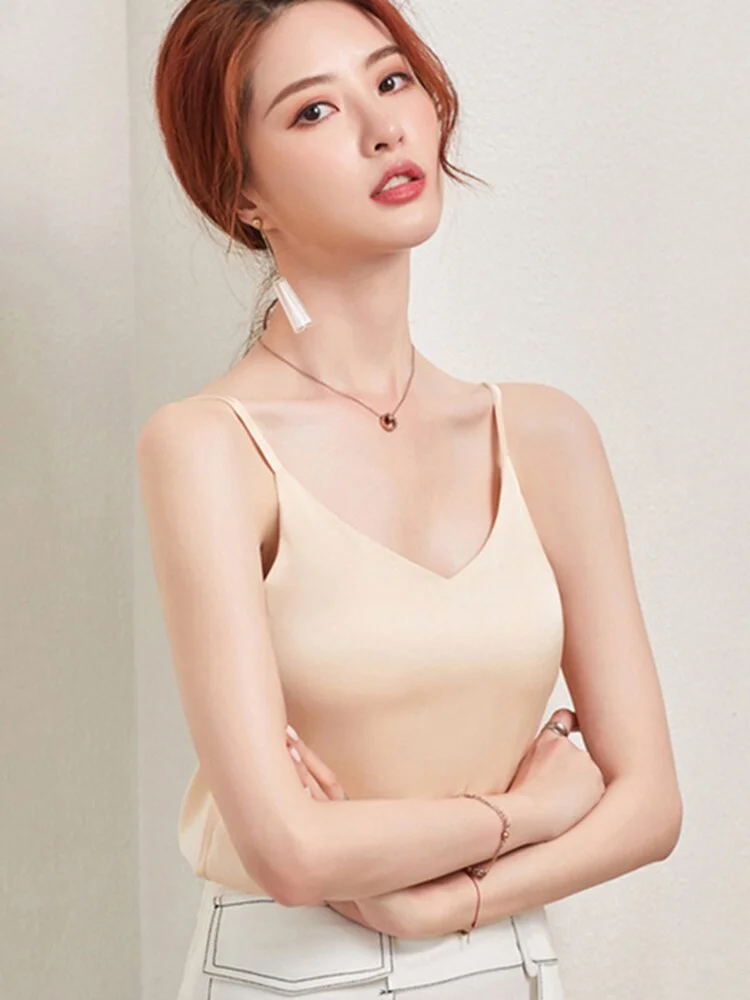 Casual V-Neck  Solid Satin Woman Camis Tank Tops Chiffon Sleeveless Camisole Top Halter Camis Tops