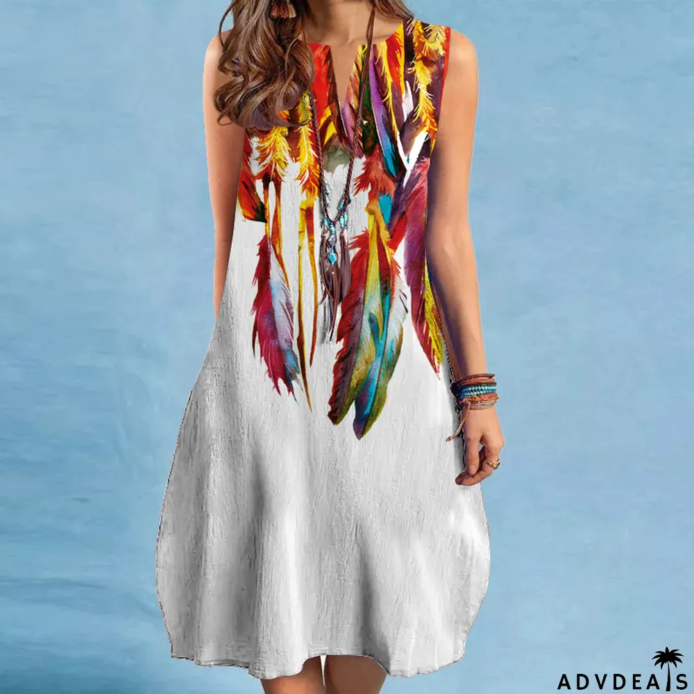 Fashion Vintage Print V Neck Multicolor Sexy Sleeveless Casual Dress