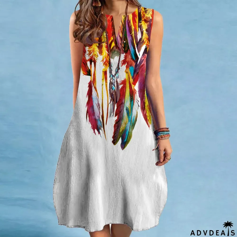 Fashion Vintage Print V Neck Multicolor Sexy Sleeveless Casual Dress