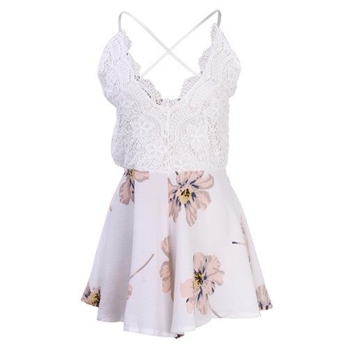 Women Playsuit Summer Fashion Floral Print Playsuit Sexy Ladies Casual Spaghetti Strap Backless Cross Lace Patchwork Playsuits