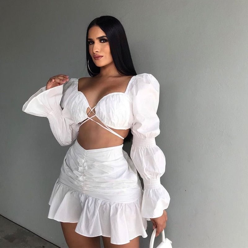 Sexy Solid Tops Suits Women Elegant Lantern Sleeve Crop Tops And Ruffles Mini Skirts Suit Female Summer Mermaid Skirt Outfits