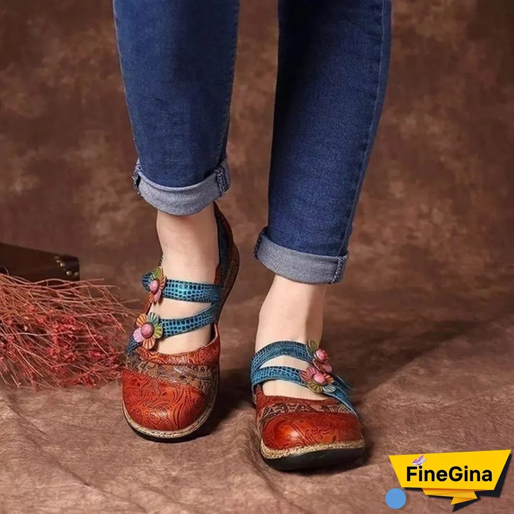 Vintage Floral Genuine Leather Splicing Colored Stitching Hook Loop Flat Shoes Spring Summer Casual Women Flat Shoes（2styles）