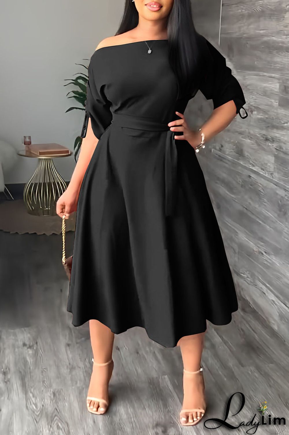 Red Casual Elegant Solid Patchwork Draw String Fold Oblique Collar Dresses