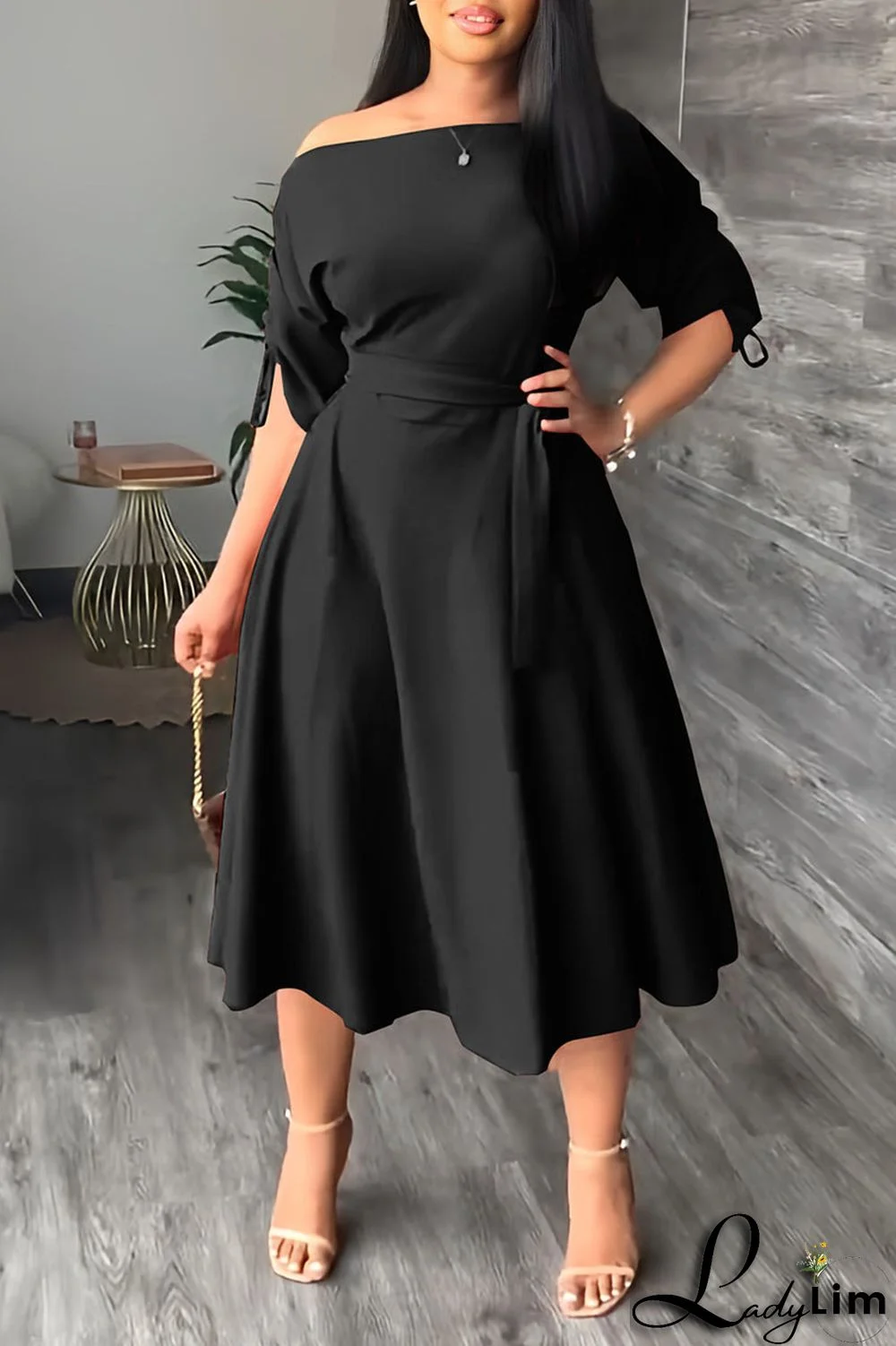 Red Casual Elegant Solid Patchwork Draw String Fold Oblique Collar Dresses