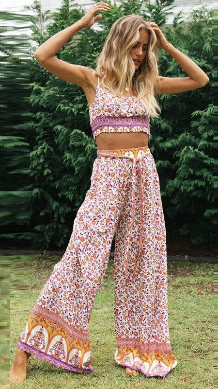 Purple Floral Crop Top and Pants Matching Sets