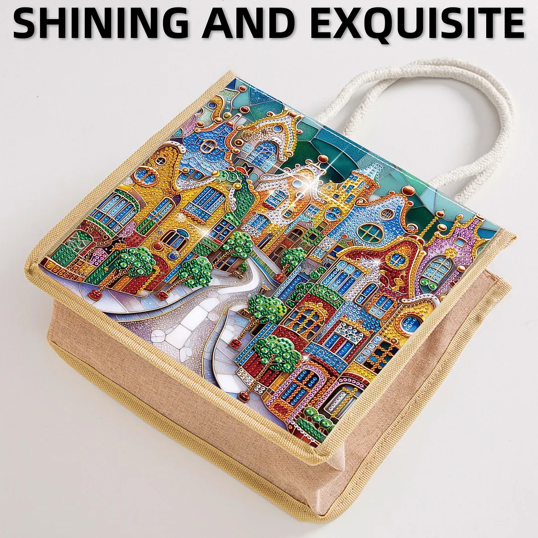 Fairy Tale Town DIY Diamond Painting Tote Bag for Adults Women Diamond Painting Kit Handbag for Casual Shopping Travel Daily Use Gift