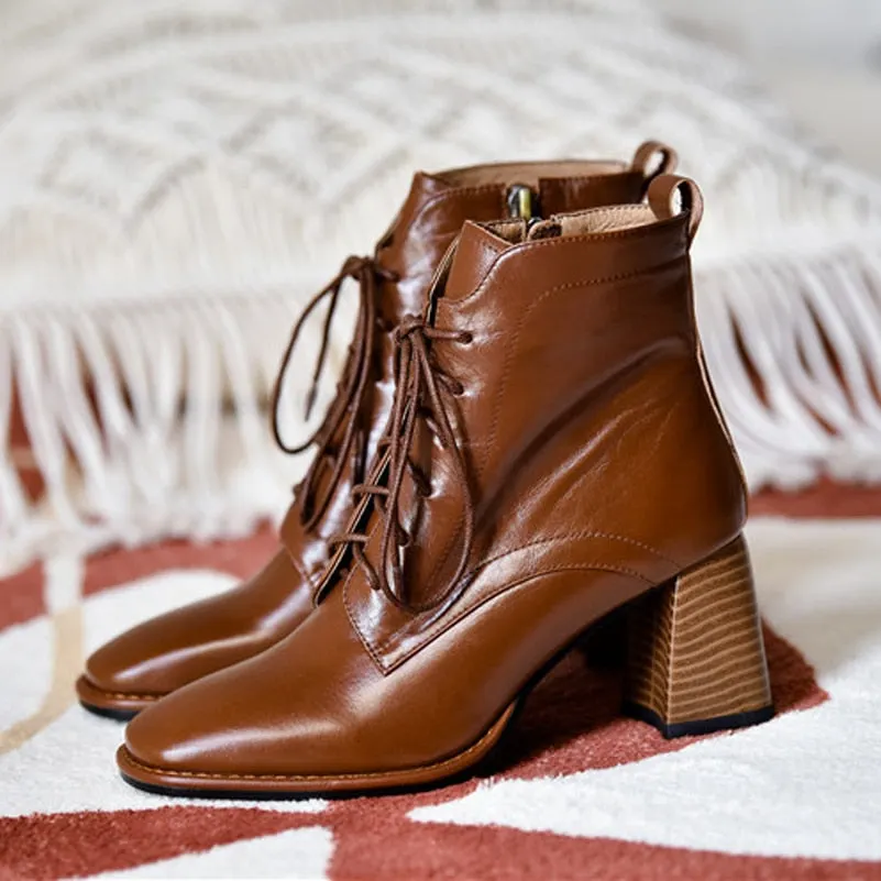 Meotina Real Leather High Heel Ankle Boots Women Shoes Square Toe Chunky Heels Zip Cross Tied Female Short Boots Autumn Brown