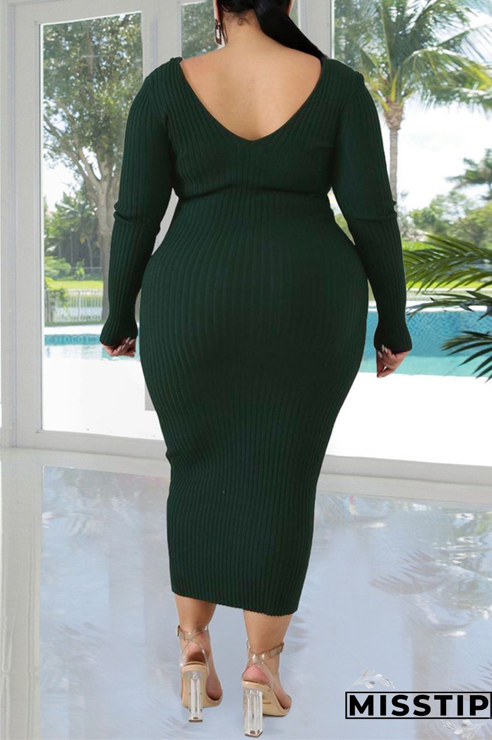 Yellow Fashion Casual Solid Basic V Neck Long Sleeve Plus Size Dresses