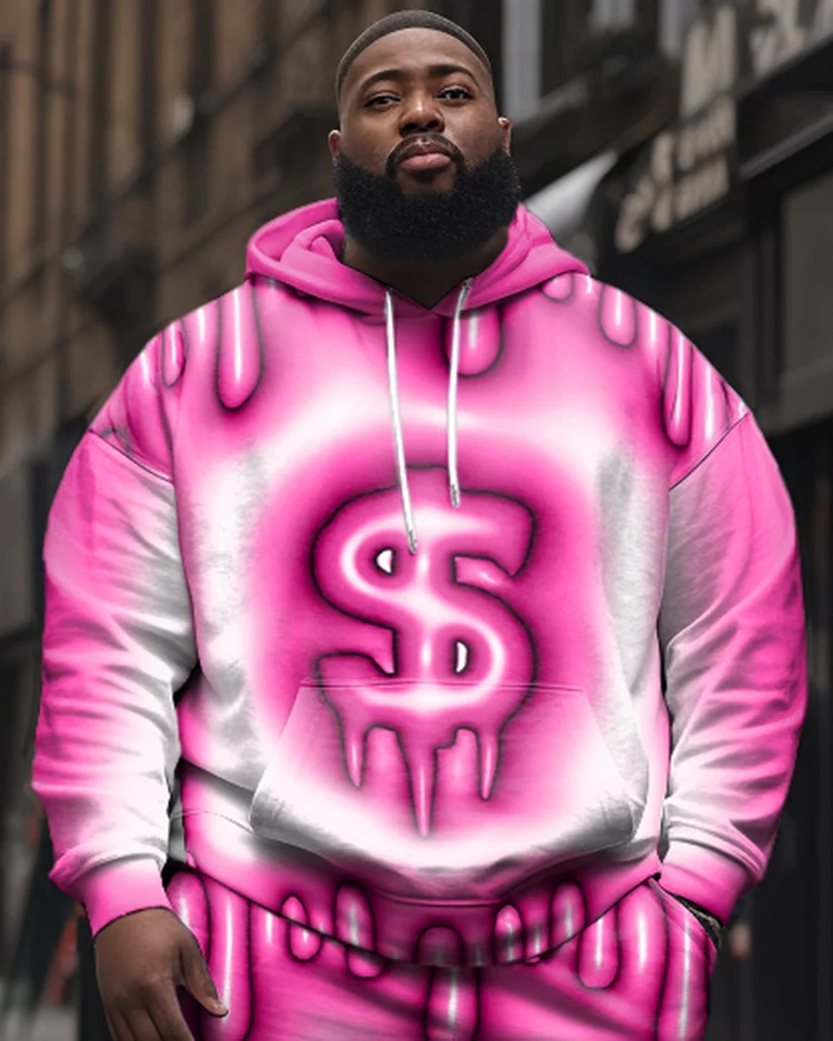 Men's Plus Size Casual Pink Art Money Pattern Hoodie Two-Piece Set