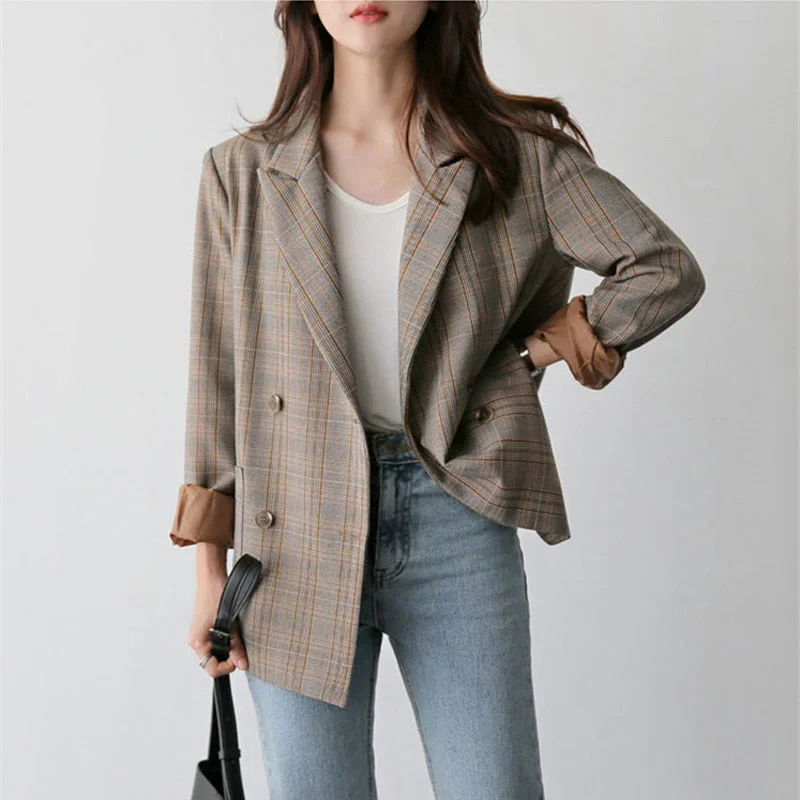 Vintage Plaid Double Breasted Women Blazer Oversized Full Sleeve Grid Female Suit Coat Elegant Autumn Women Jackets Outwear 2019
