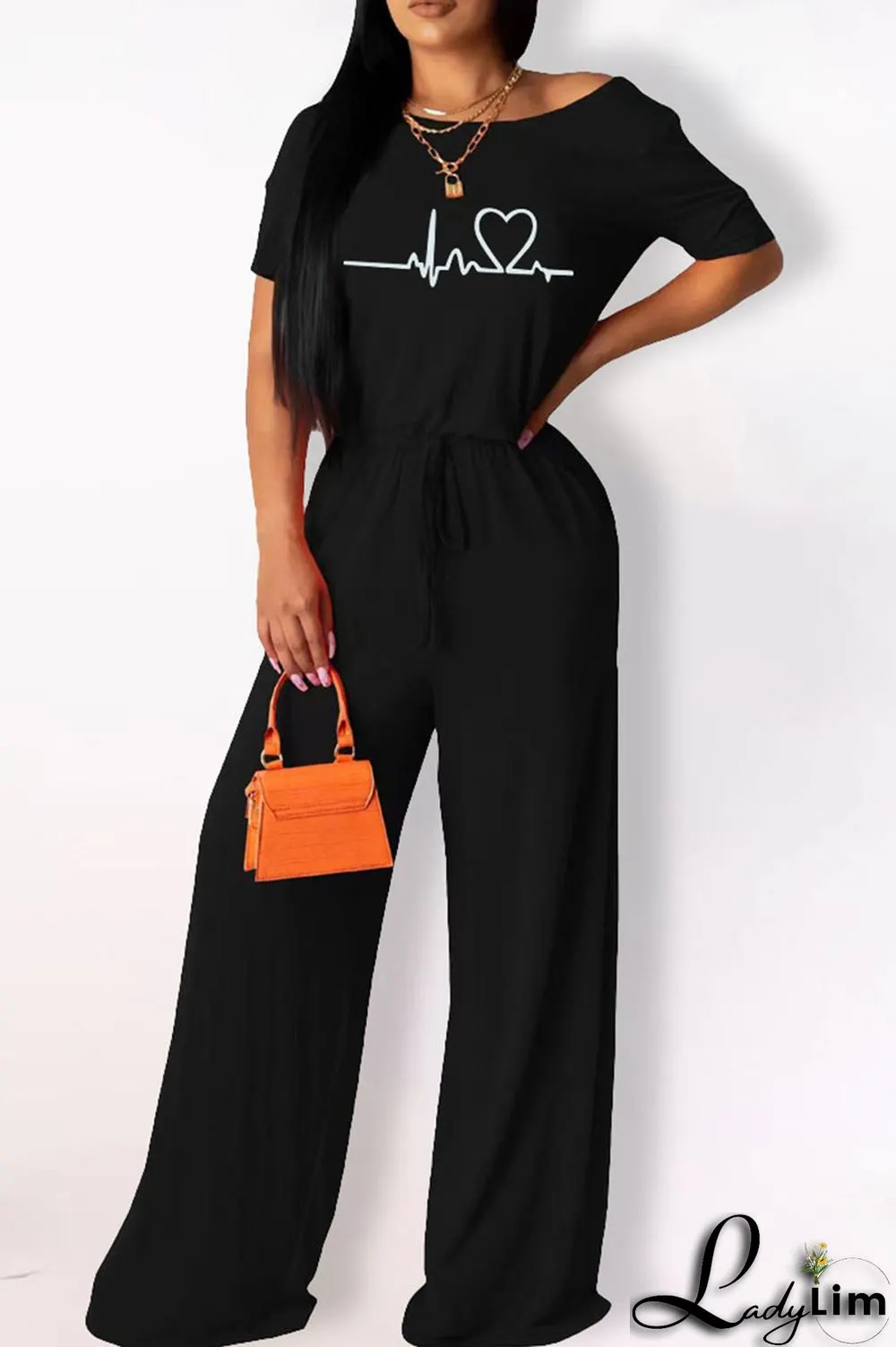 Orange Fashion Casual Print Basic O Neck Regular Jumpsuits