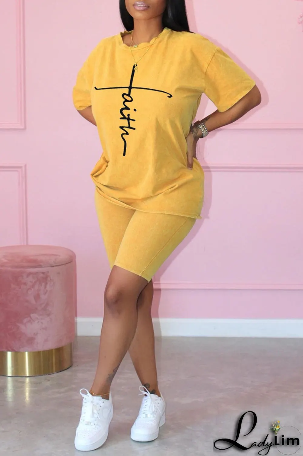 Yellow Casual Print Patchwork O Neck Short Sleeve Two Pieces