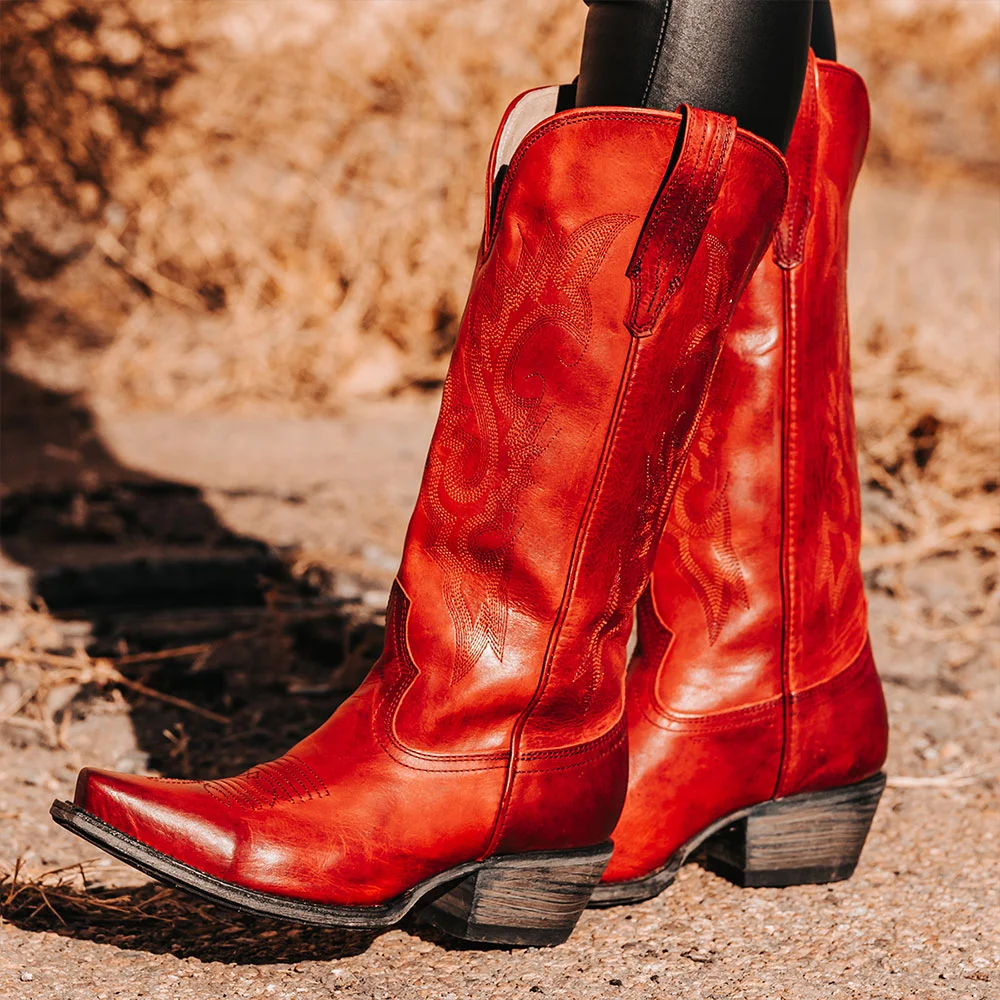 Red Vegan Leather Snip Toe Wide Calf Embroidered Cowgirl Boots With Chunky Heels Nicepairs