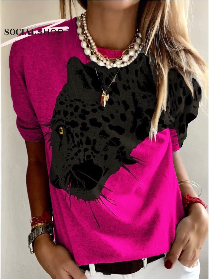 Pink Black Cheetah Design Round Neck Long Sleeve Top