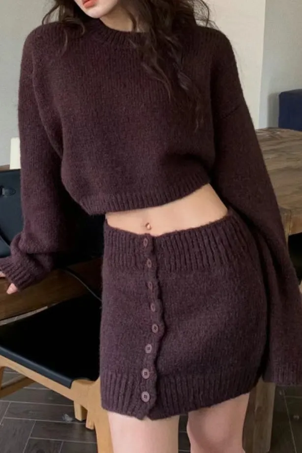 Short Fitted Knit Round Neck Slim Two Piece Set