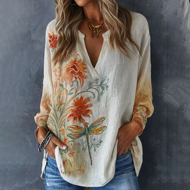 Comstylish Vintage Dragonfly And Floral Pattern Linen Long Sleeve Shirts
