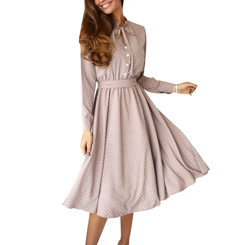 Jangj S.FLAVOR Vintage Polka Dot Print Dresses Women Long Sleeve O Neck Office Elegant Autumn Retro Button Vestidos  Female