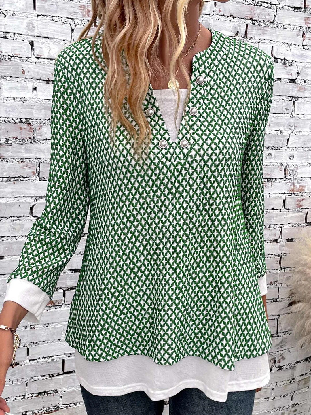 Women Long Sleeve V-neck Plaid Graphic Button Tops