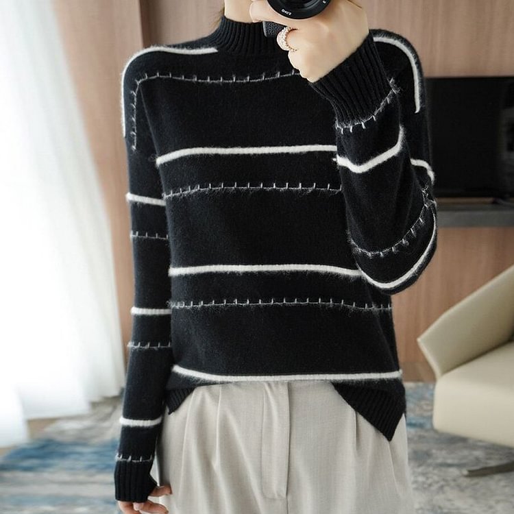 Knitted Casual Stripes Long Sleeve Sweater QueenFunky
