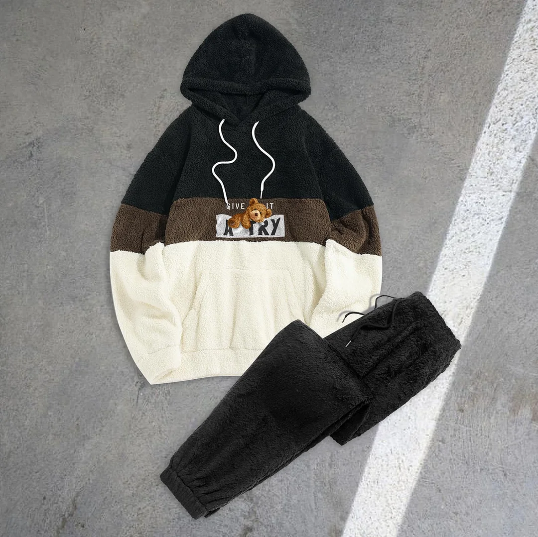 Colorblock Bear Plush Sweatshirt Set