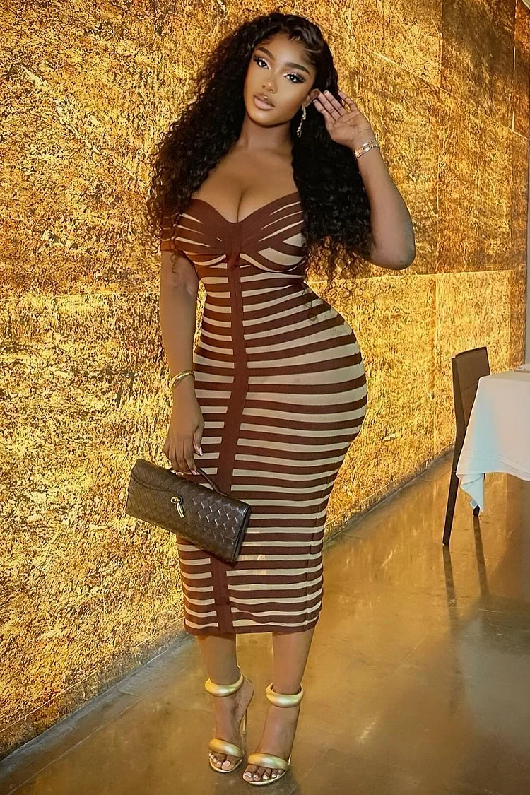 Off Shoulder Striped Knit Slim-Fit Slit Midi Dresses-Brown [Pre Order]