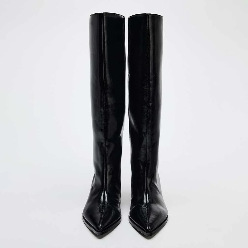 Black Kitten Heel Pointed Toe Pull-On Wide Leg Knee High Boots