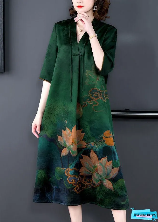 Retro Green V Neck Tasseled Print Patchwork Silk Dress Summer