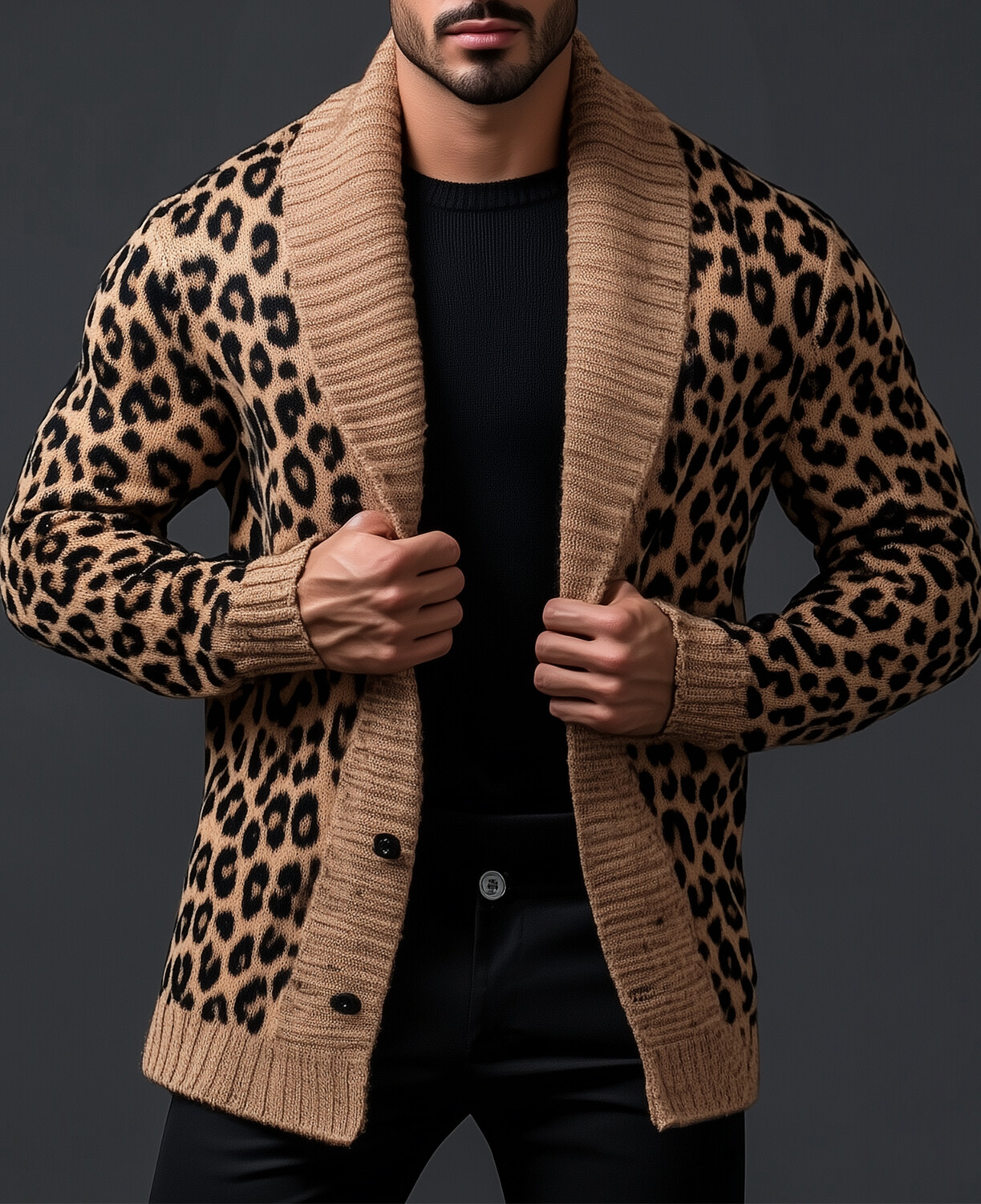 Okaywear Leopard Pattern Shawl Lapel Knitted Long Sleeve Sweater