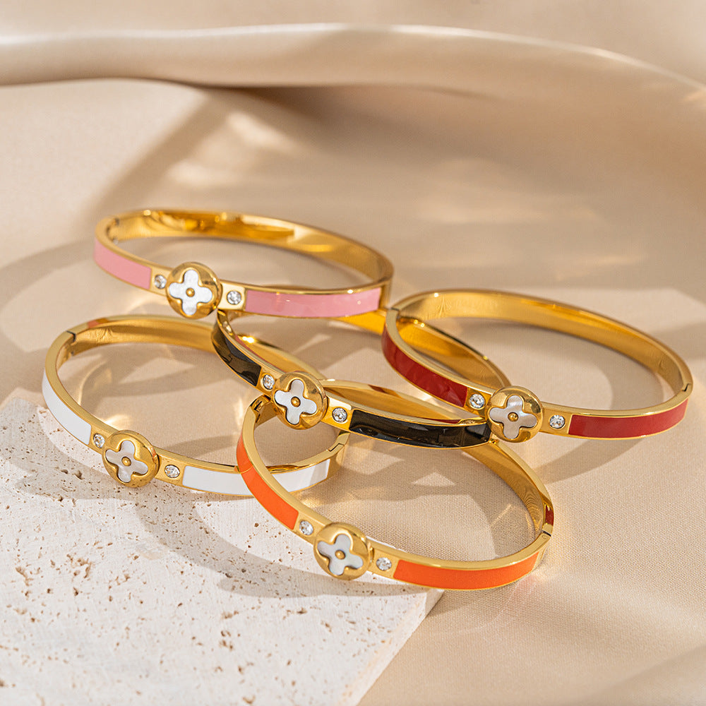 Ins Titanium Steel Bracelet Minimalist Real Mother-Of-Pearl Four-Leaf Clover Stainless Steel Decoration