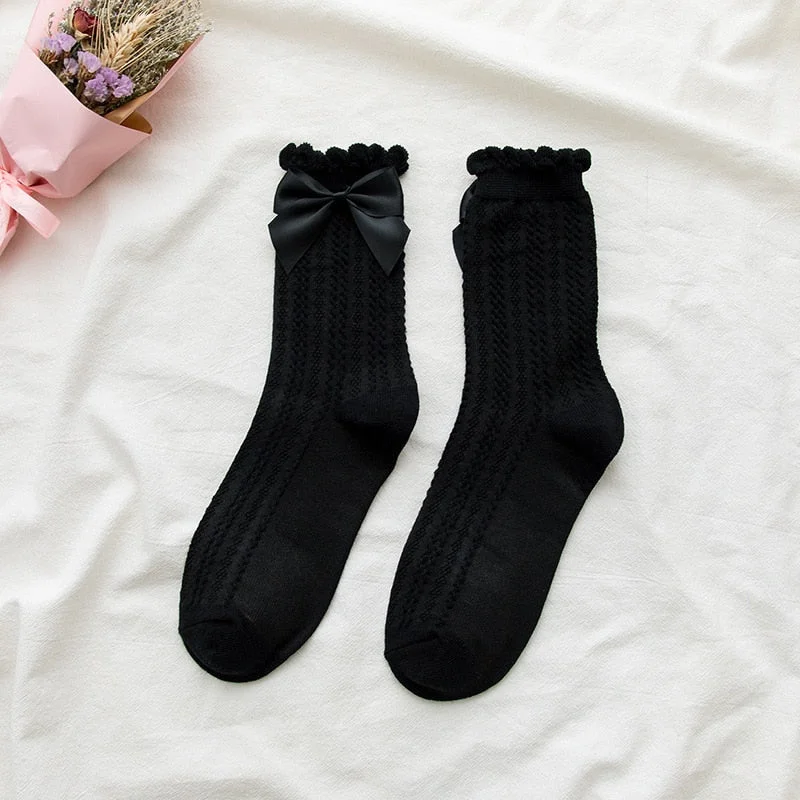 Lourdasprec 1 Pair Women Socks Ruffle Socks Lolita Bow Socks Cosplay Costumes Accessories Medium Tube Cotton Socks Cute Sweet Girl Gift