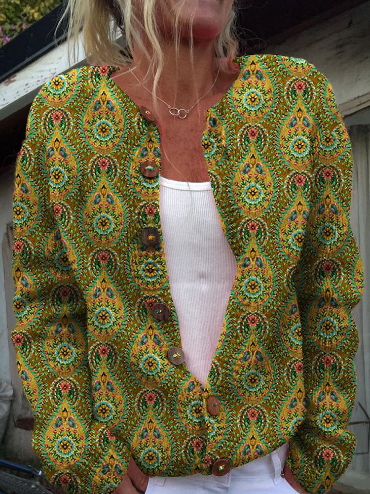 Retro Geometry Print Buttoned Cardigan Sweater