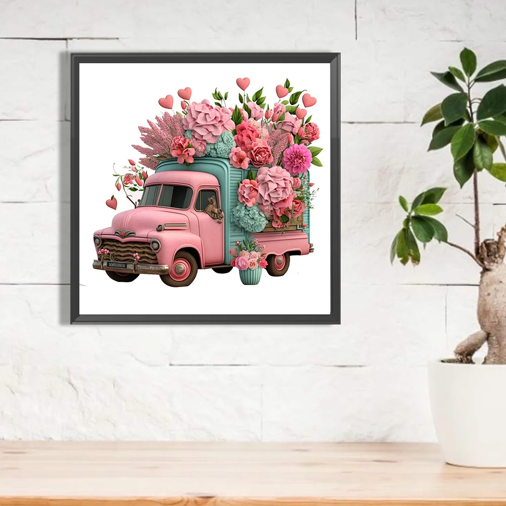 Full Round Diamond Painting 30*30cm - Pink Flower Classic Car