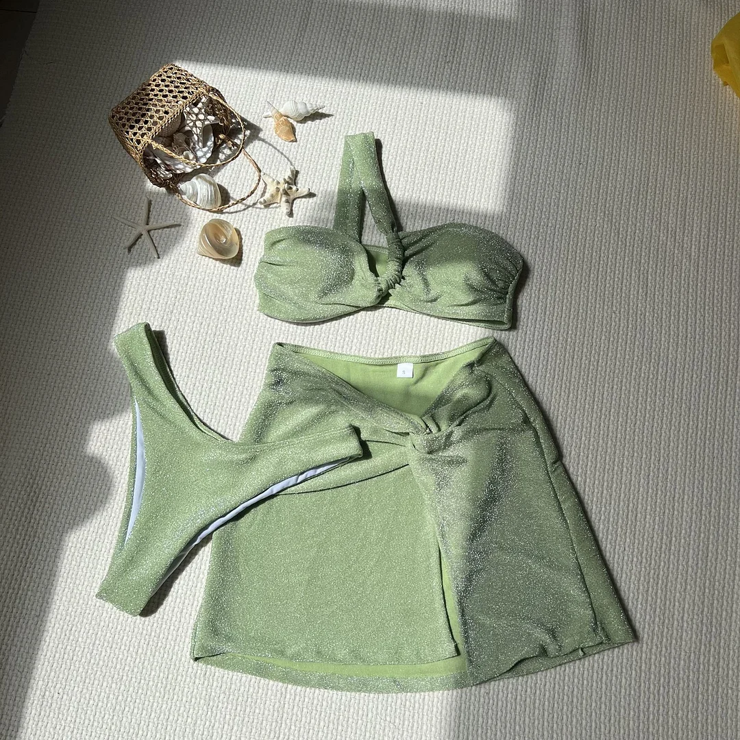 Brownm 2024 New Solid-Color Single-Shoulder Braid Cloth Three-Piece Swimsuit Swimsuit Bikini