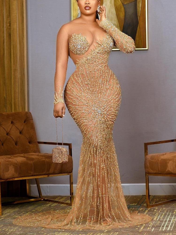 Promsstyle Gorgeous rhinestone sequins bodycon asymmetric mopping hem evening dress Prom Dress 2023