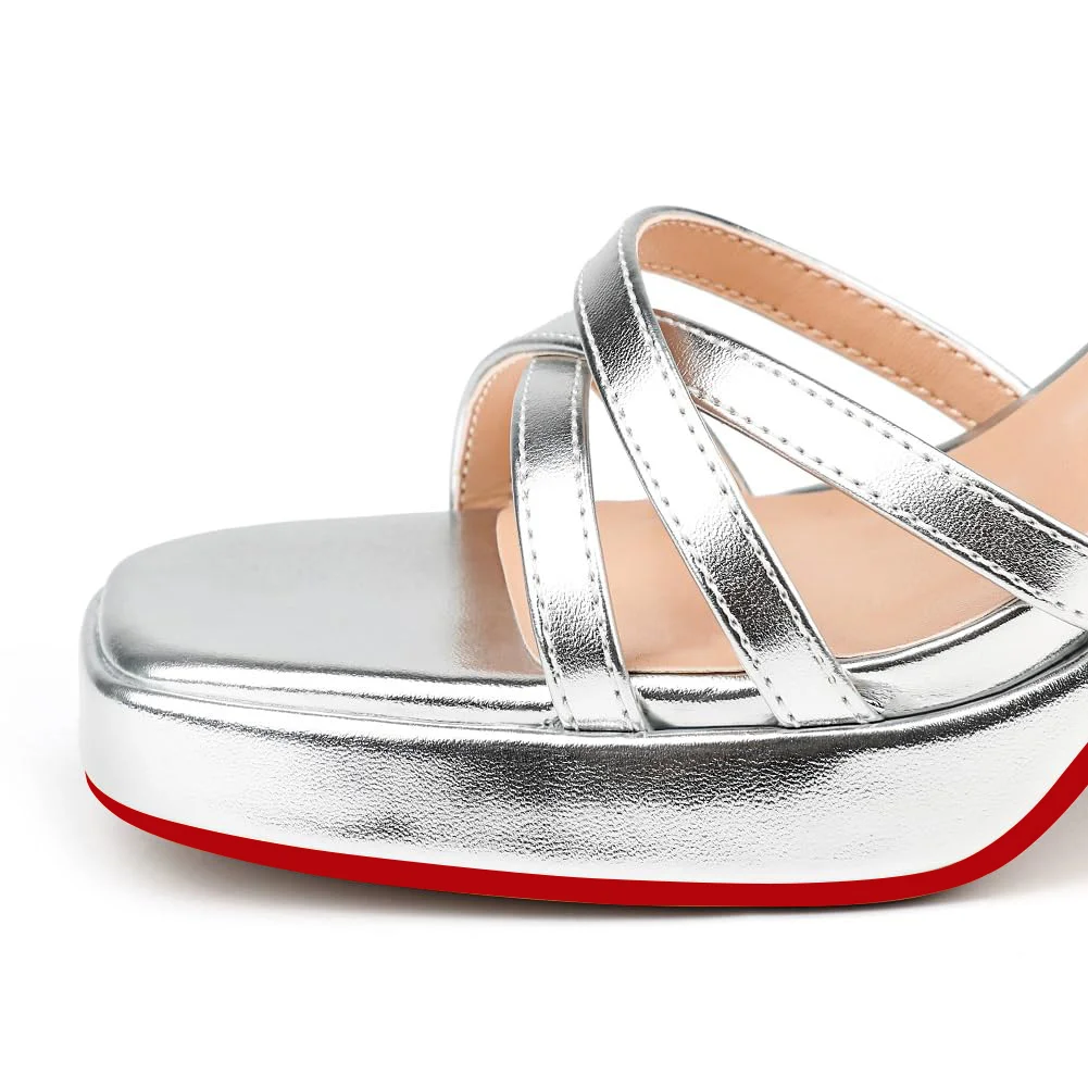 90mm Women's Platform Chunky Heels Ankle Strap Block Heeled Sandals Party Wedding Shoes Red Bottom Shoes Square Open Toe Sandals-MERUMOTE