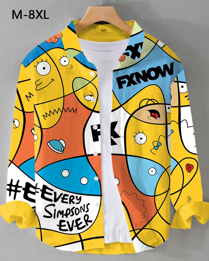 Men's Plus Size Cartoon Abstract Line Art Long Sleeve Shirt