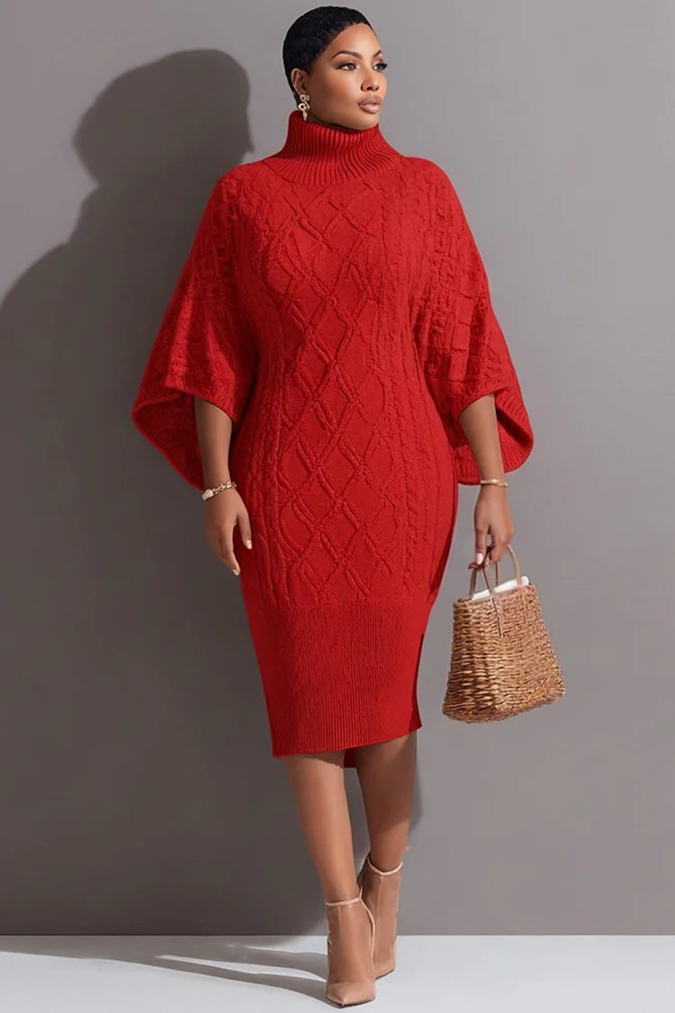 Xpluswear Design Plus Size Business Casual Red High Collar Flare Long Sleeve Bodycon Elegant Crochet Midi Dresses 2024 - Xpluswear