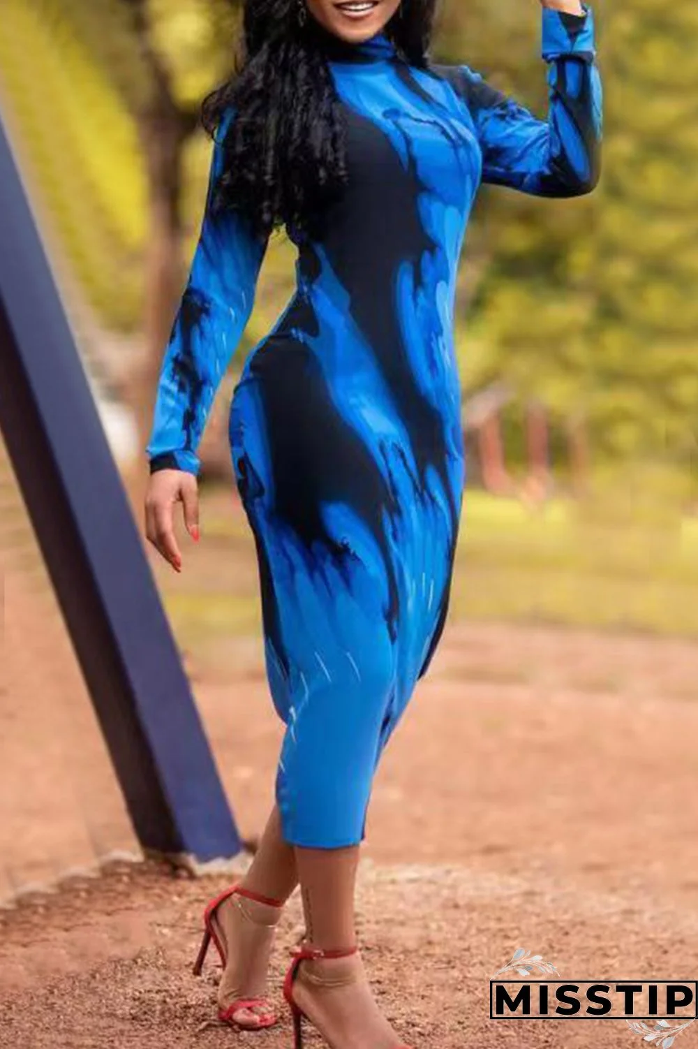 Blue Fashion Casual Print Basic Turtleneck Long Sleeve Dresses