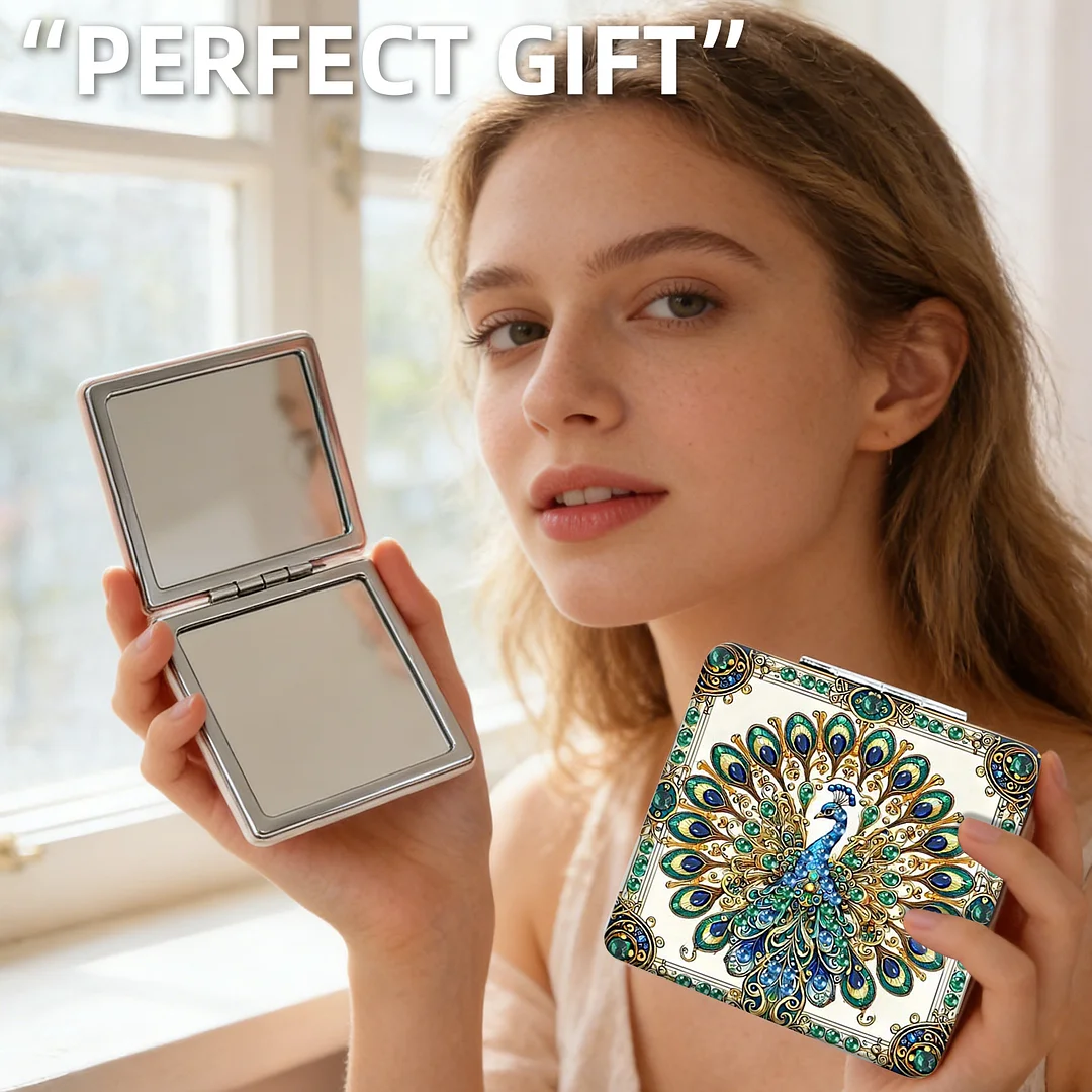 Green Peacock DIY Special Shaped Diamond Painting Compact Mirror Kits Diamond Art Painting Pocket Mirror for Adults and Beginners
