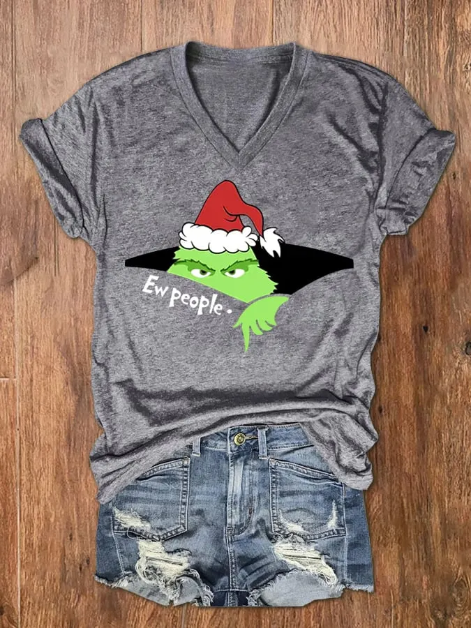 Women's Christmas EW People Print V-Neck T-Shirt