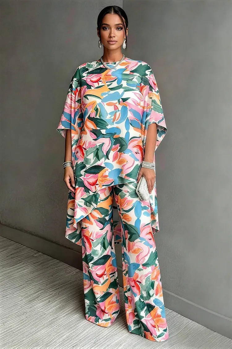 Xpluswear Design Plus Size Business Casual Multicolor All Over Print Round Neck Half Sleeve Pocket Asymmetric Hem Two Piece Pant Sets [Pre-Order] 2024 - Xpluswear