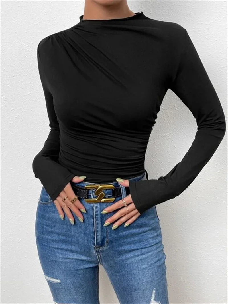 Uveng Uveng Solid Color Trim Bottom Shirt Folding Design Long-Sleeved T-Shirt Lady Top