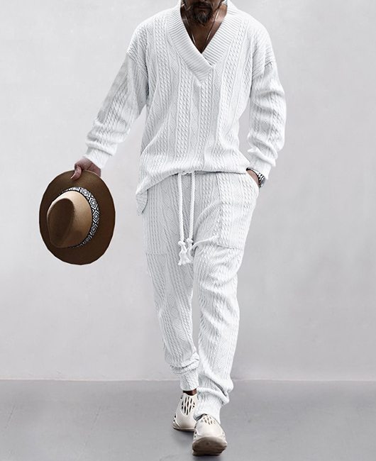 Solid V Neck Knitted Sweater & Drawstring Pants 2Pcs Set