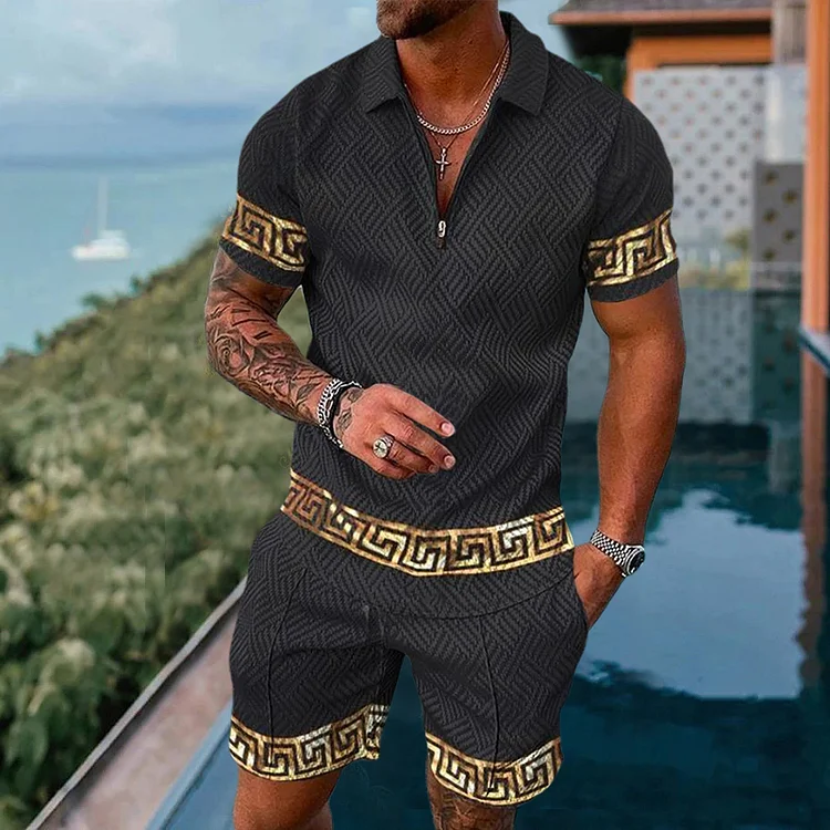 Men's casual black geometric print polo suit