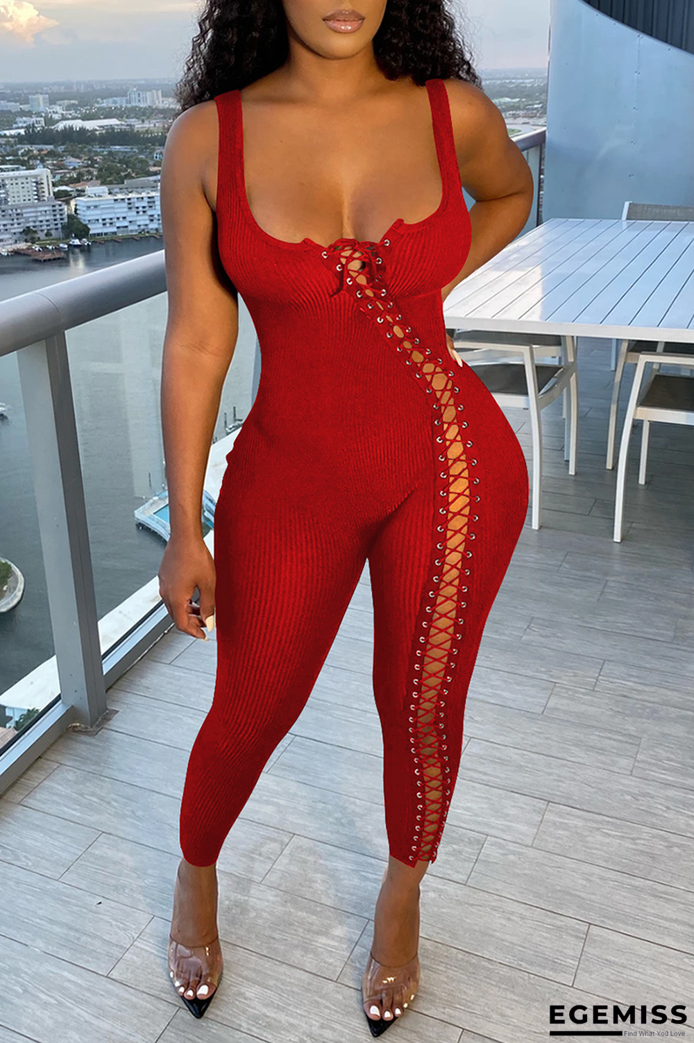 Red Sexy Solid Patchwork Square Collar Skinny Jumpsuits | EGEMISS