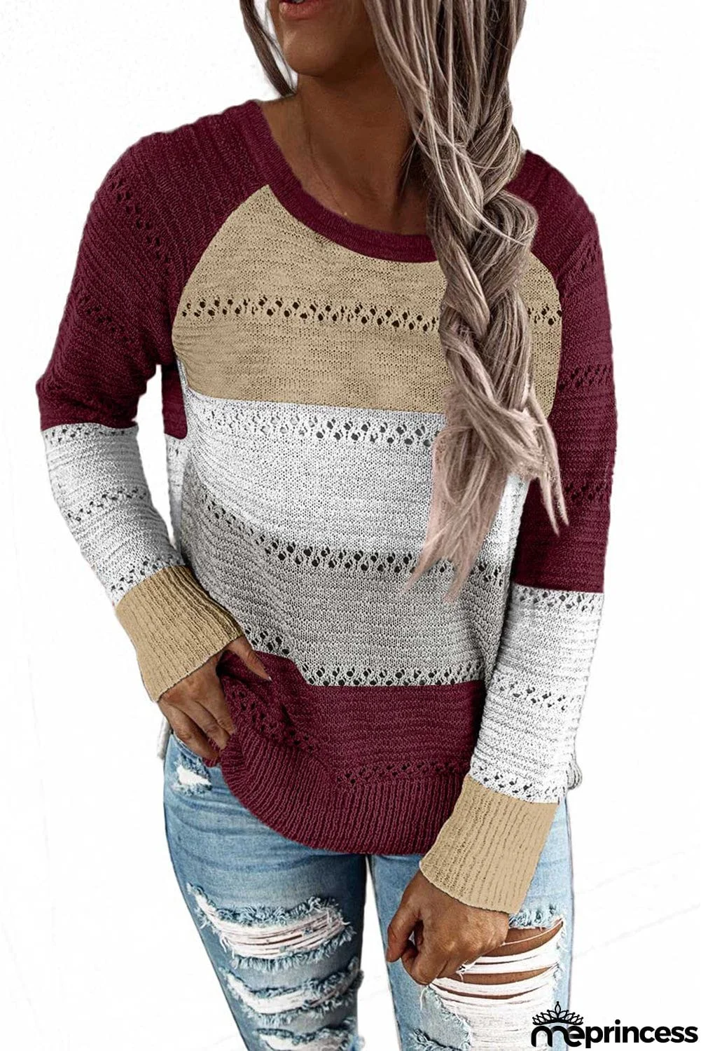 Multi-color Knitted Color Block Long Sleeve Crew Neck Sweater