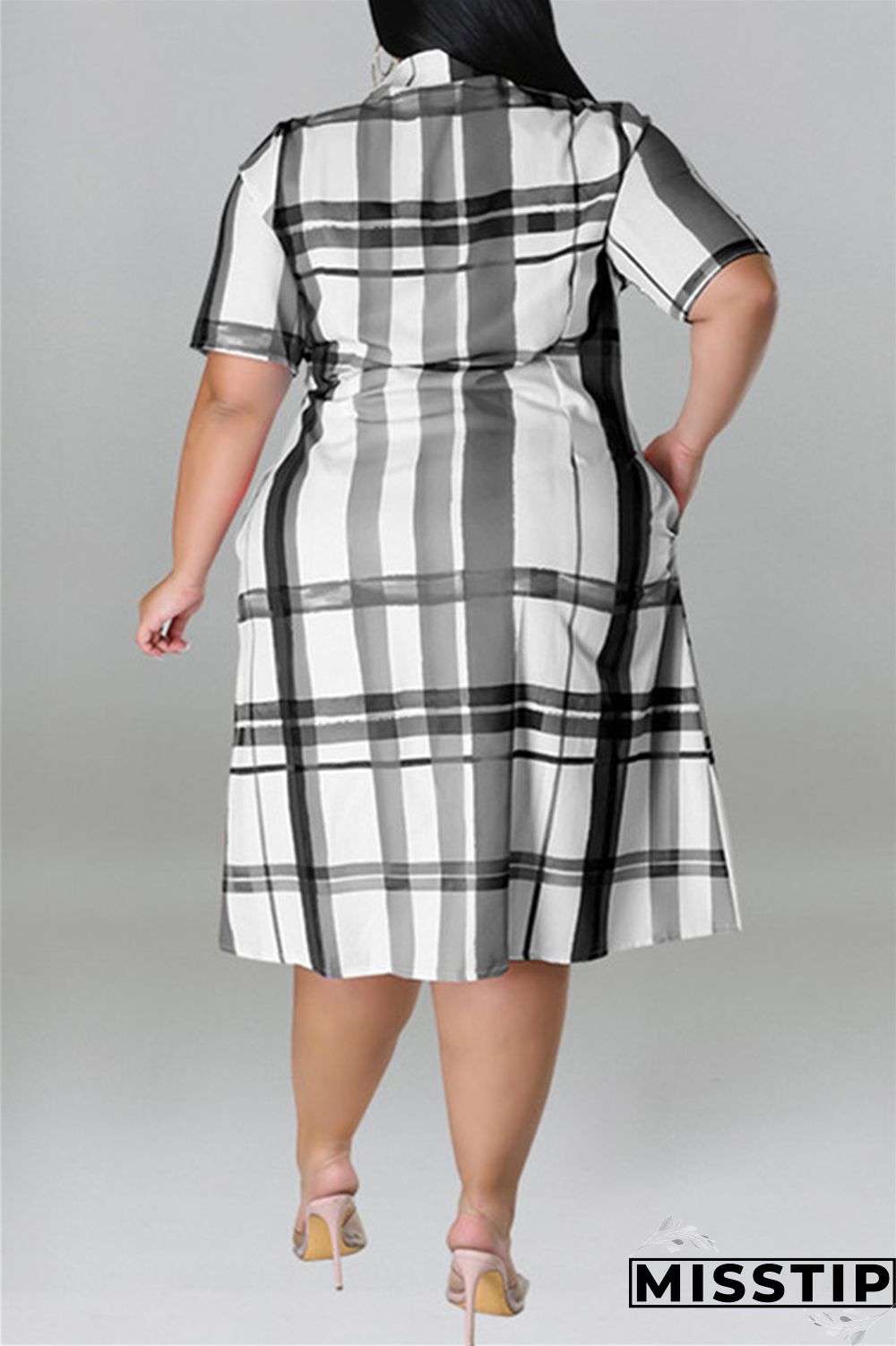 Blue Fashion Casual Plus Size Plaid Print Patchwork Turndown Collar Shirt Dress