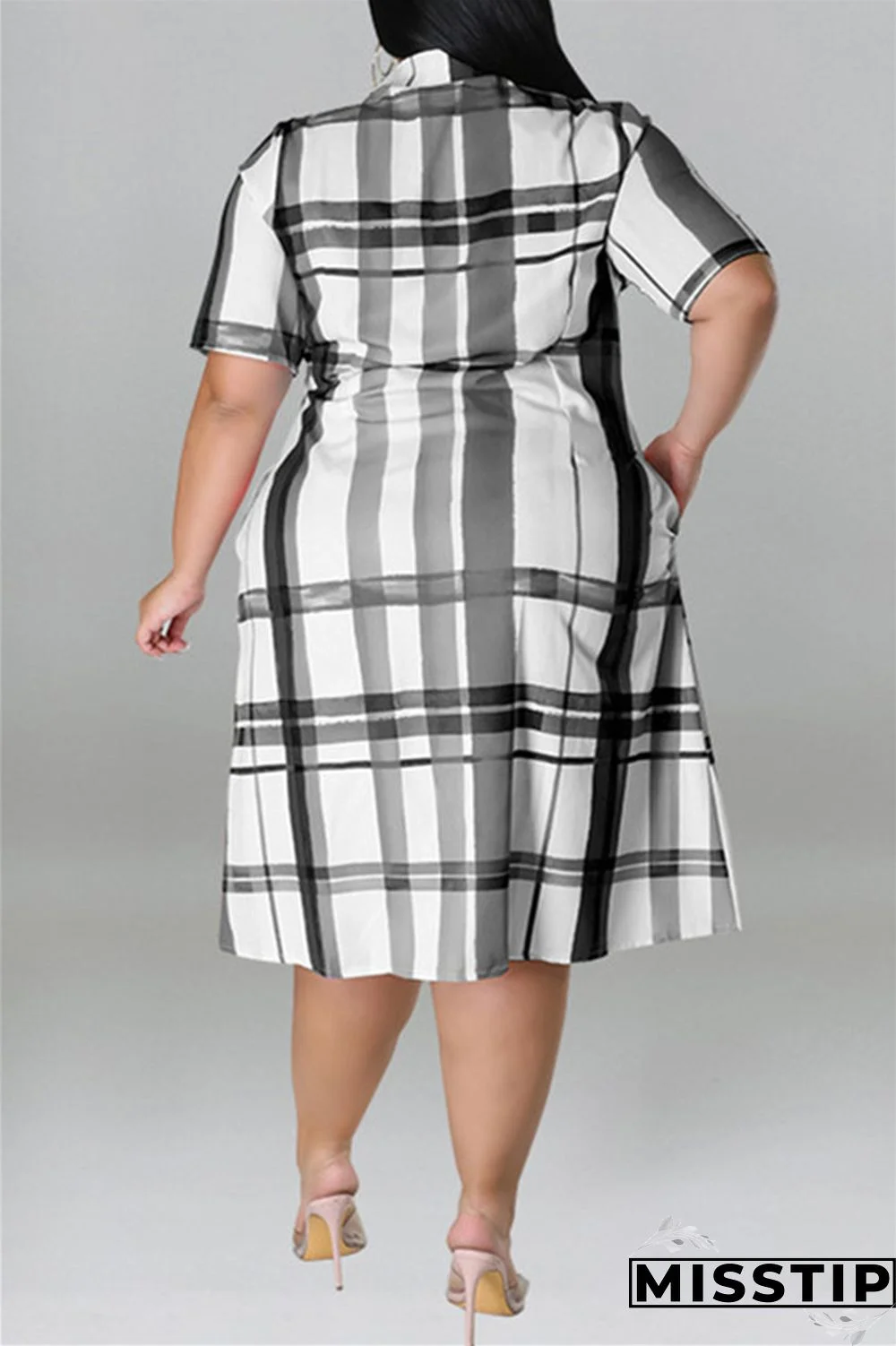 Blue Fashion Casual Plus Size Plaid Print Patchwork Turndown Collar Shirt Dress