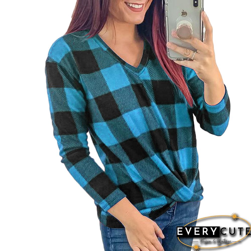 Light Blue V Neck Plaid Print Long Sleeve Tops